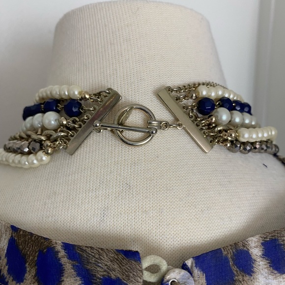 Offer?  AnnTaylor modern glamorous multi strand necklace chain pearl bold blue - Picture 9 of 10